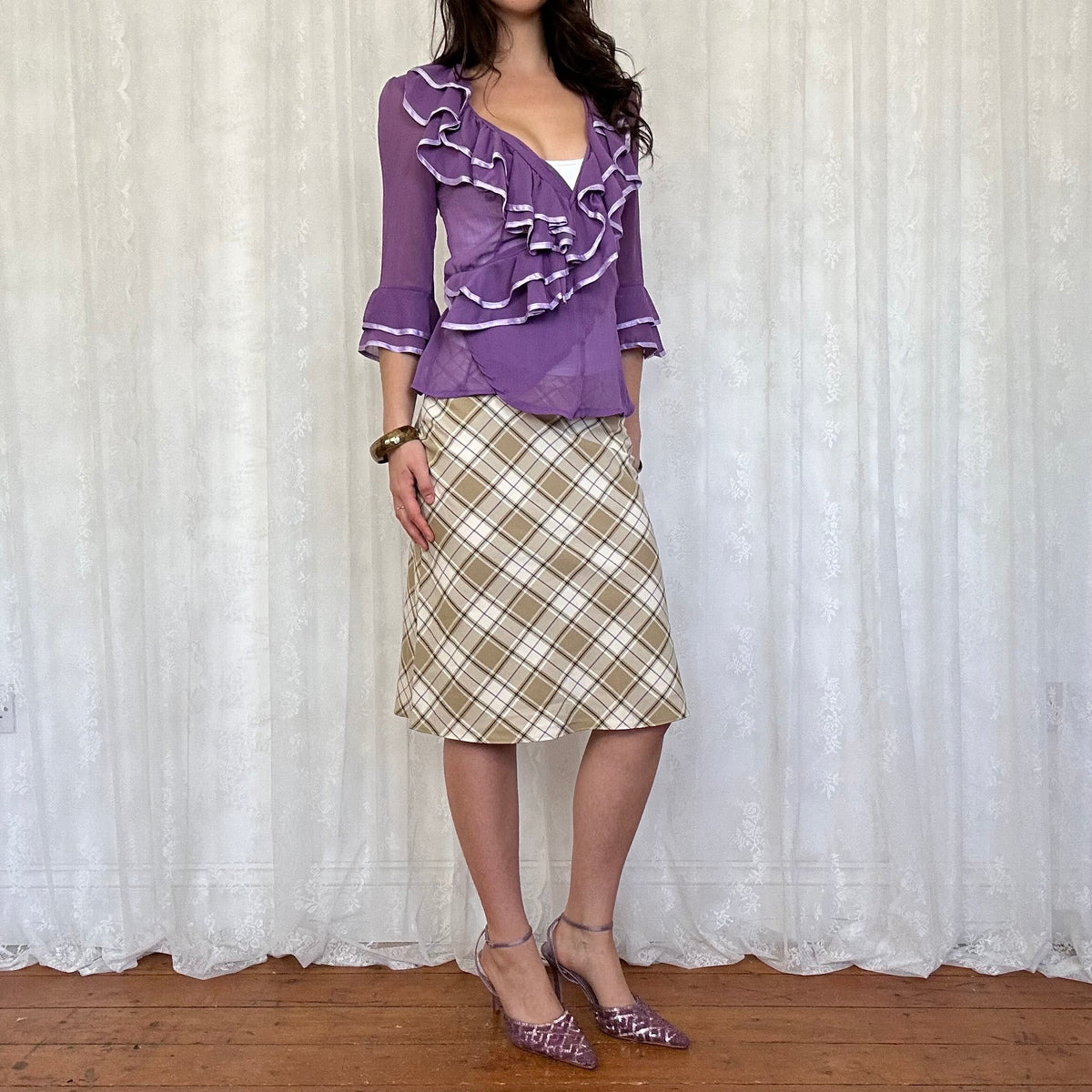 vintage 00s purple mesh ruffle wrap shirt