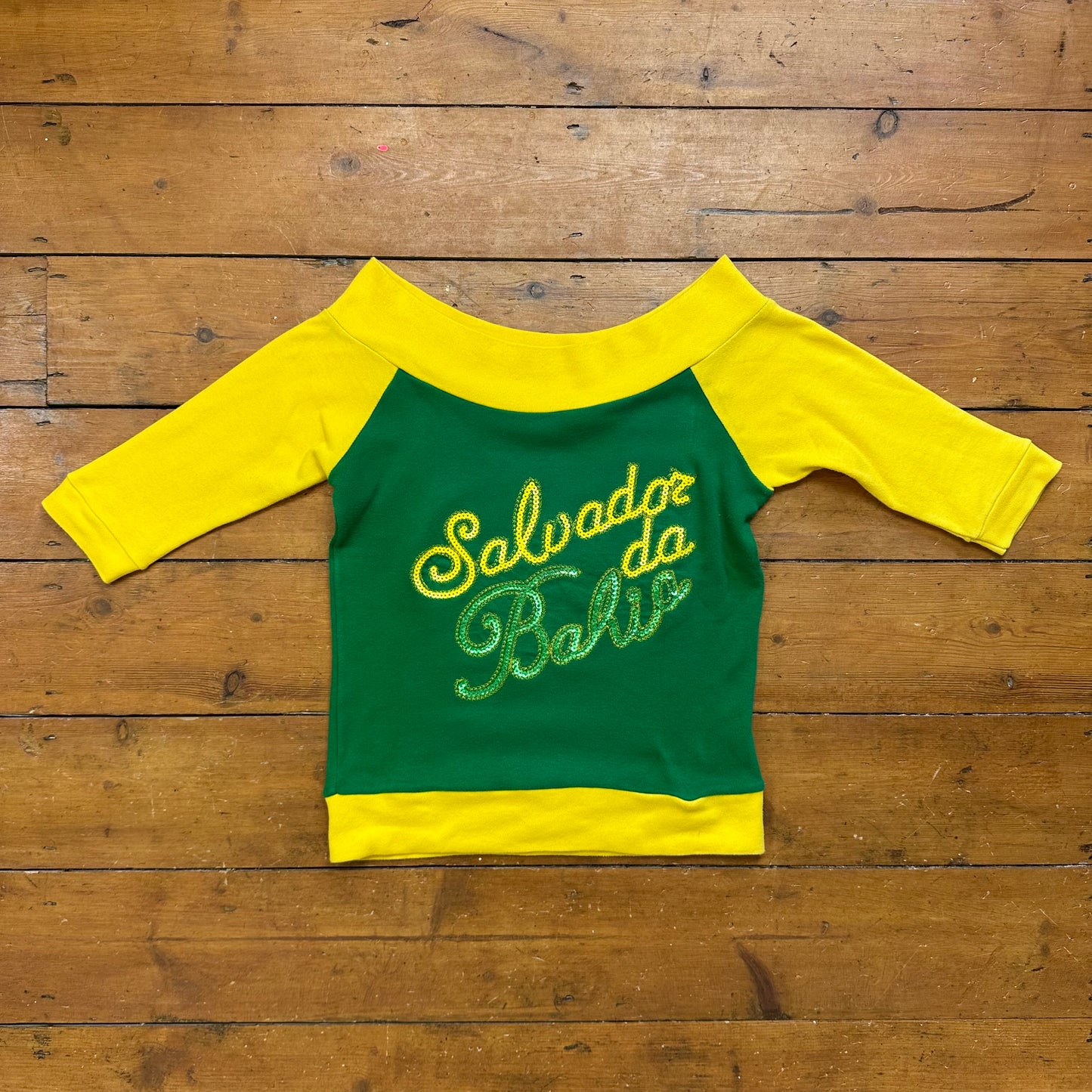 vintage 00s yellow and green sequin crop sleeve top