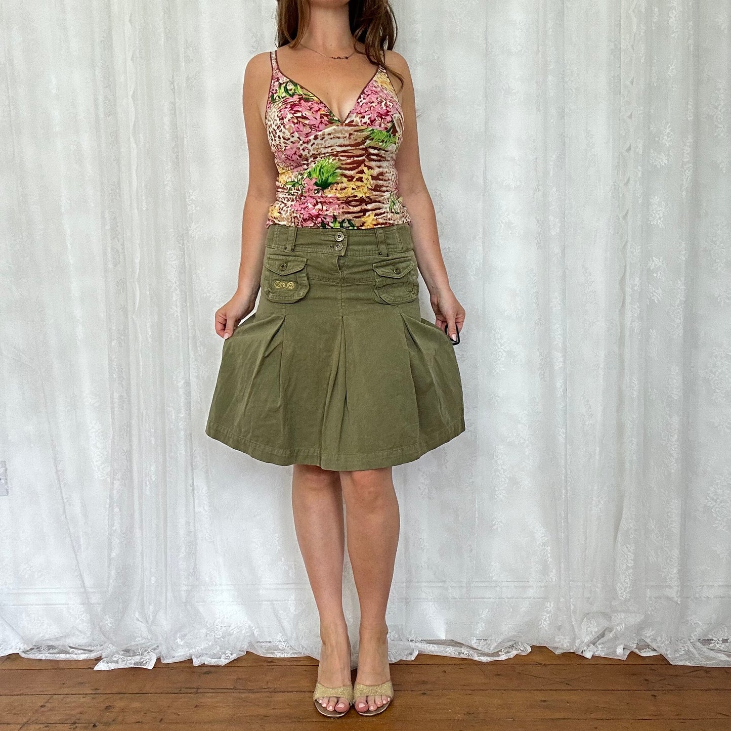 vintage 00s khaki cargo pleated midi skirt