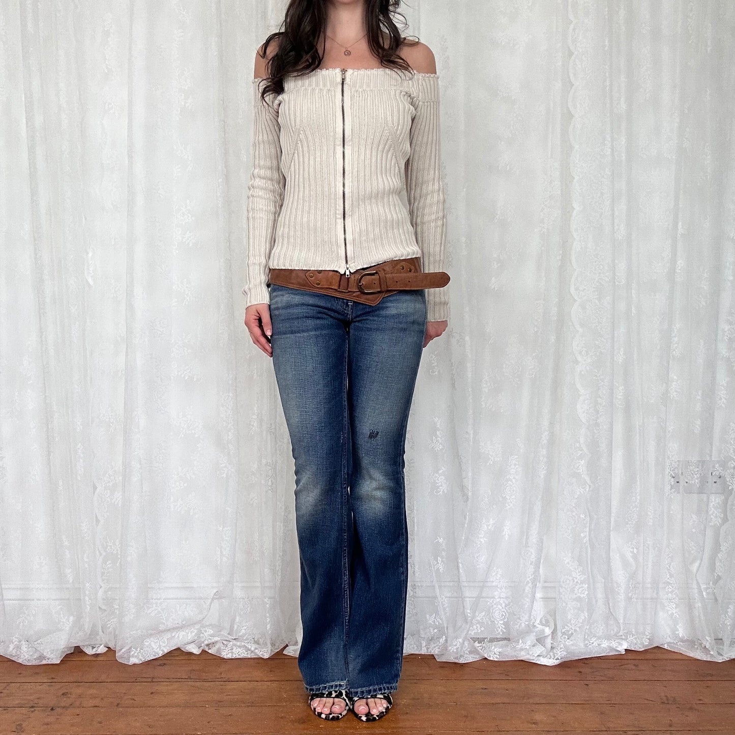 vintage 00s cream knitted off shoulder dual zip jumper