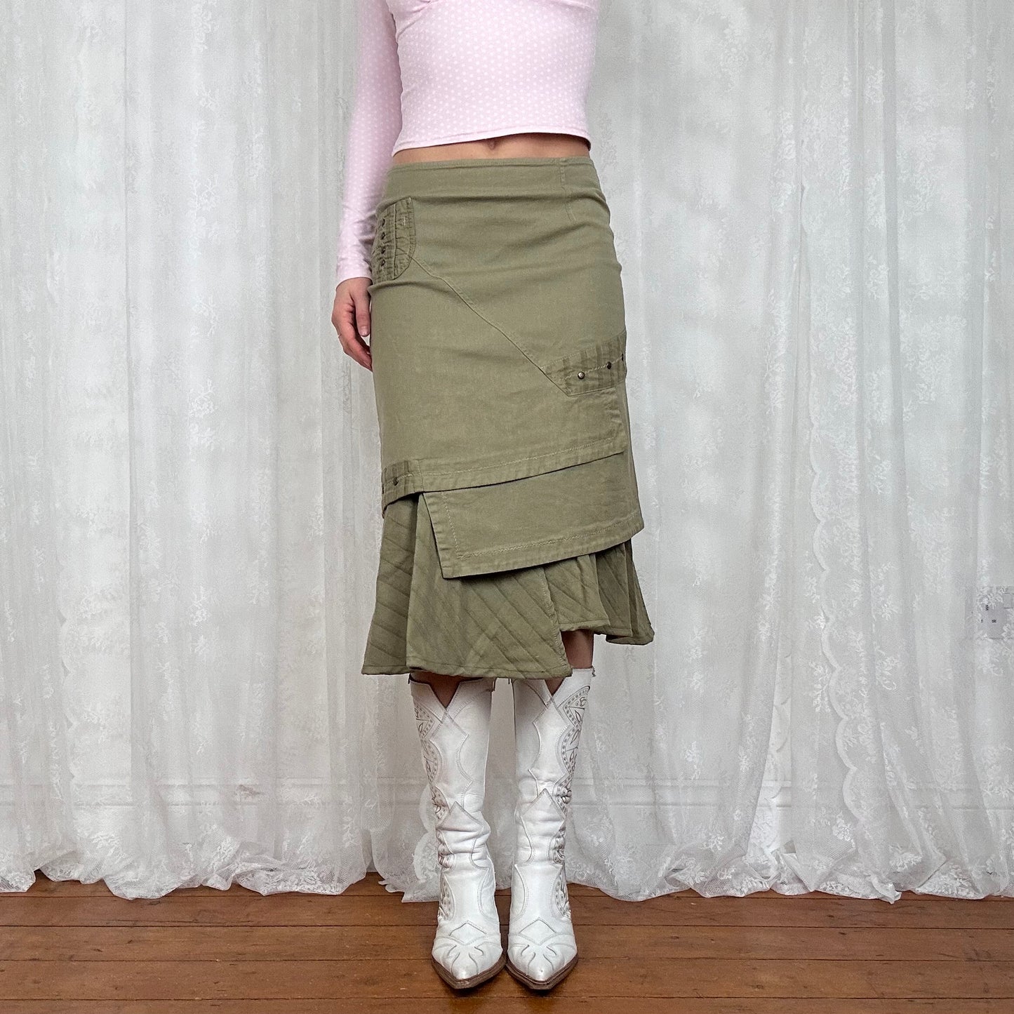 vintage 00s bleached khaki studded midi skirt