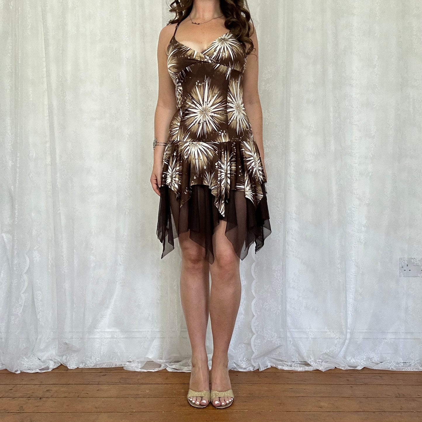 vintage 00s brown floral hanky hem mini dress
