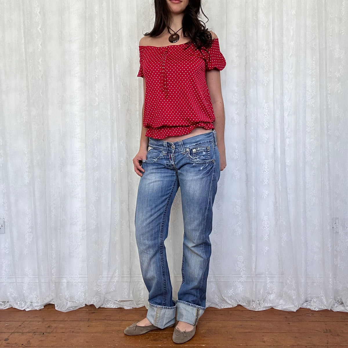 vintage 00s red polka dot milkmaid top
