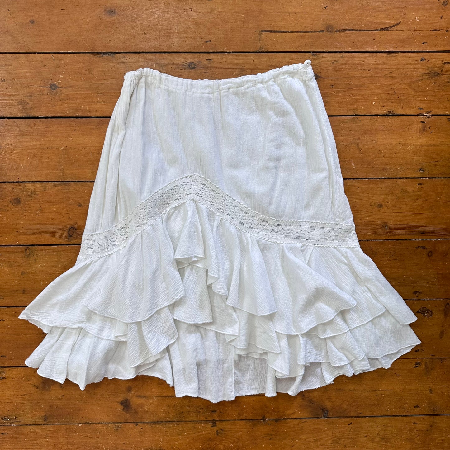 vintage 00s white ruffle hem asymmetrical midi skirt