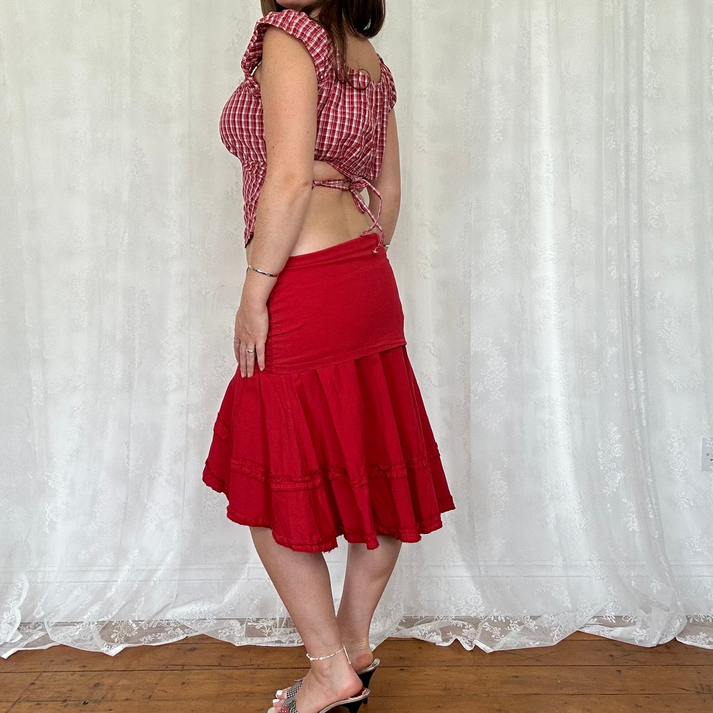 vintage 00s red checkered tie back milkmaid top
