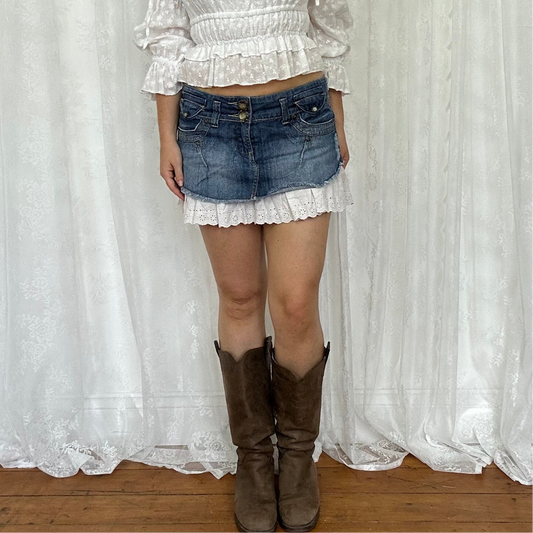 vintage 00s denim mini skirt with broderie trim