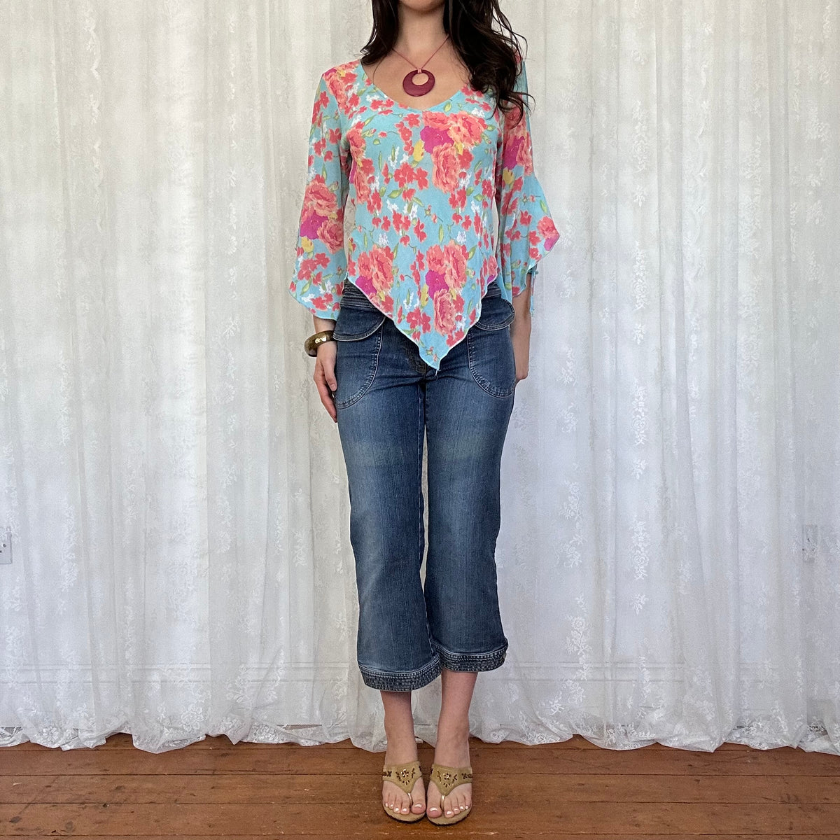 vintage 00s blue floral top with floaty sleeves