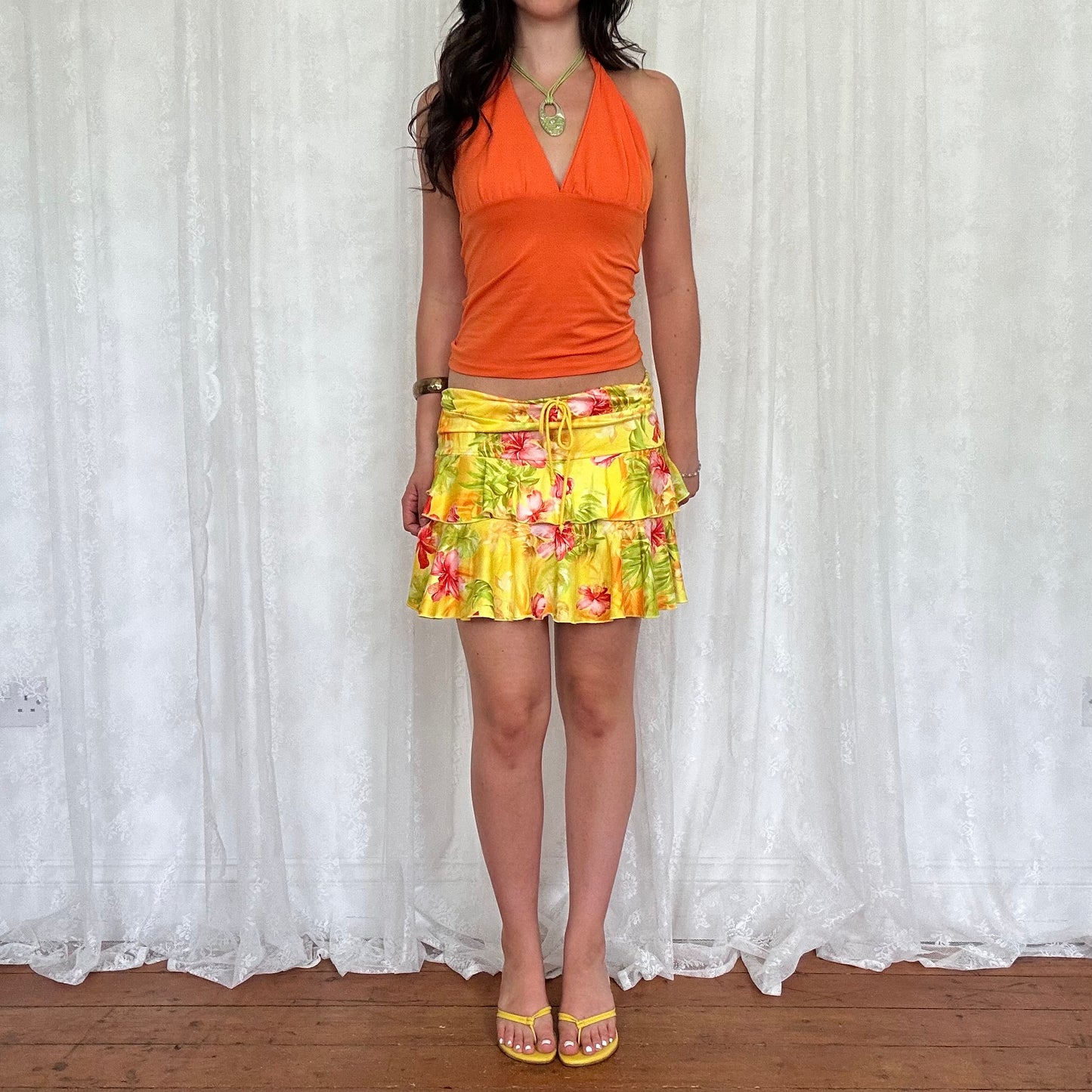 vintage 00s yellow hibiscus ruffle mini skirt