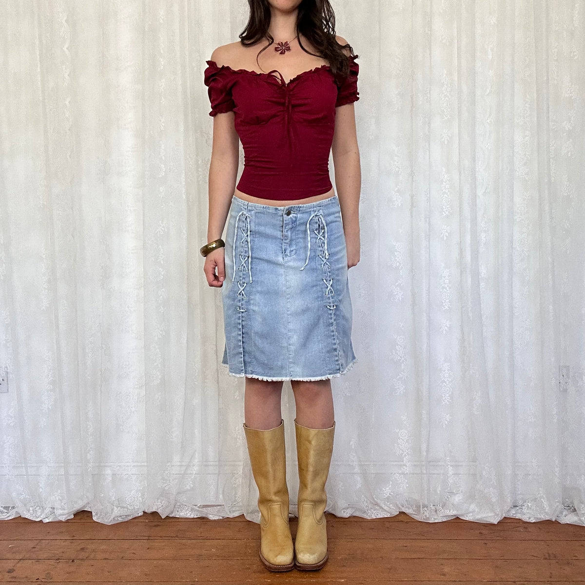 vintage 00s denim lace up midi skirt with slits