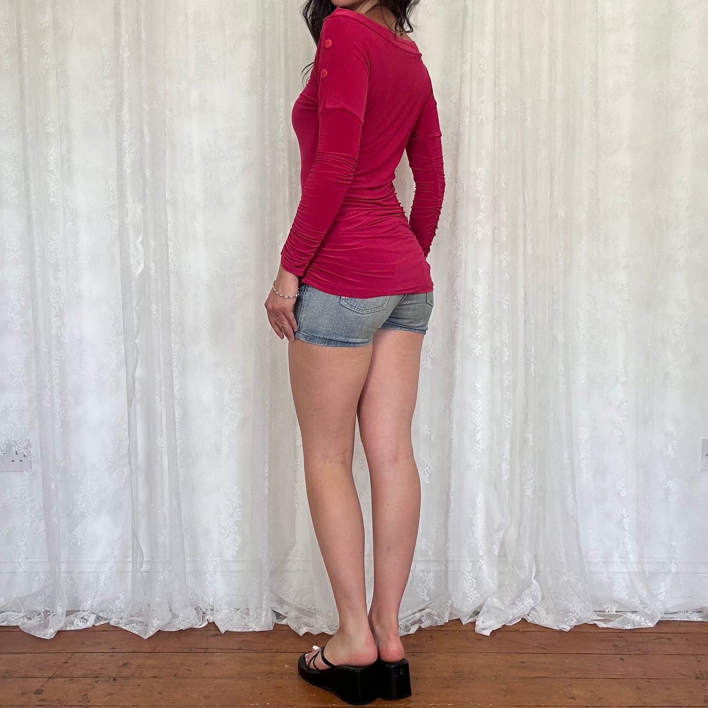vintage 00s hot pink slouchy ruched top with button details