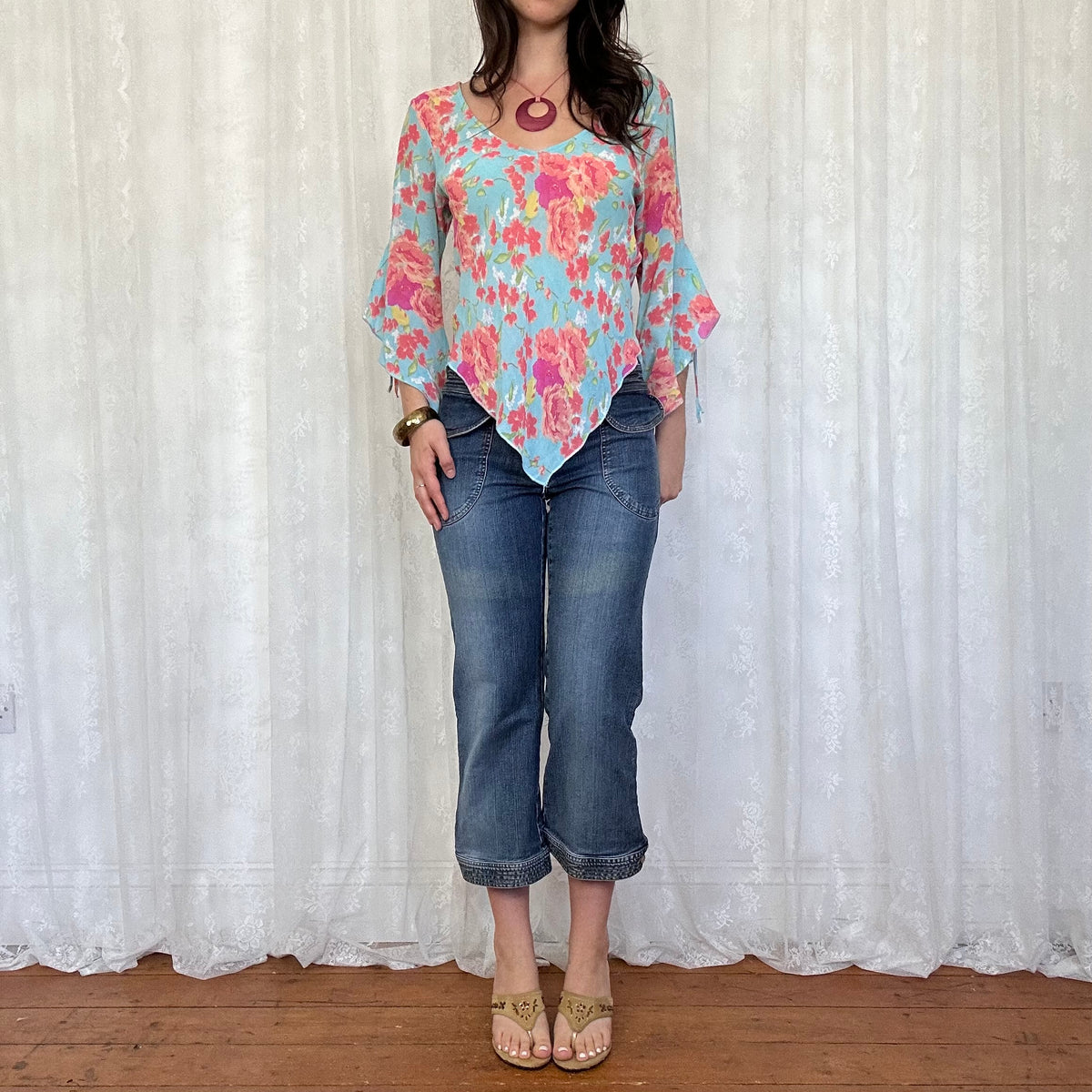 vintage 00s blue floral top with floaty sleeves