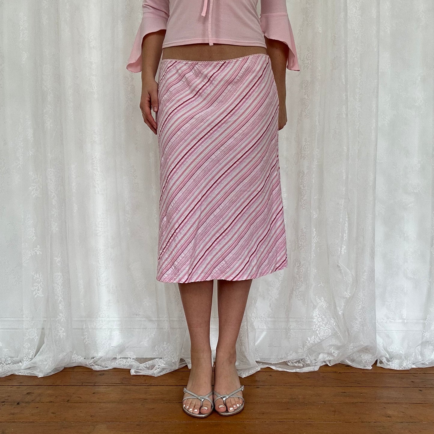vintage 00s pink stripey midi skirt