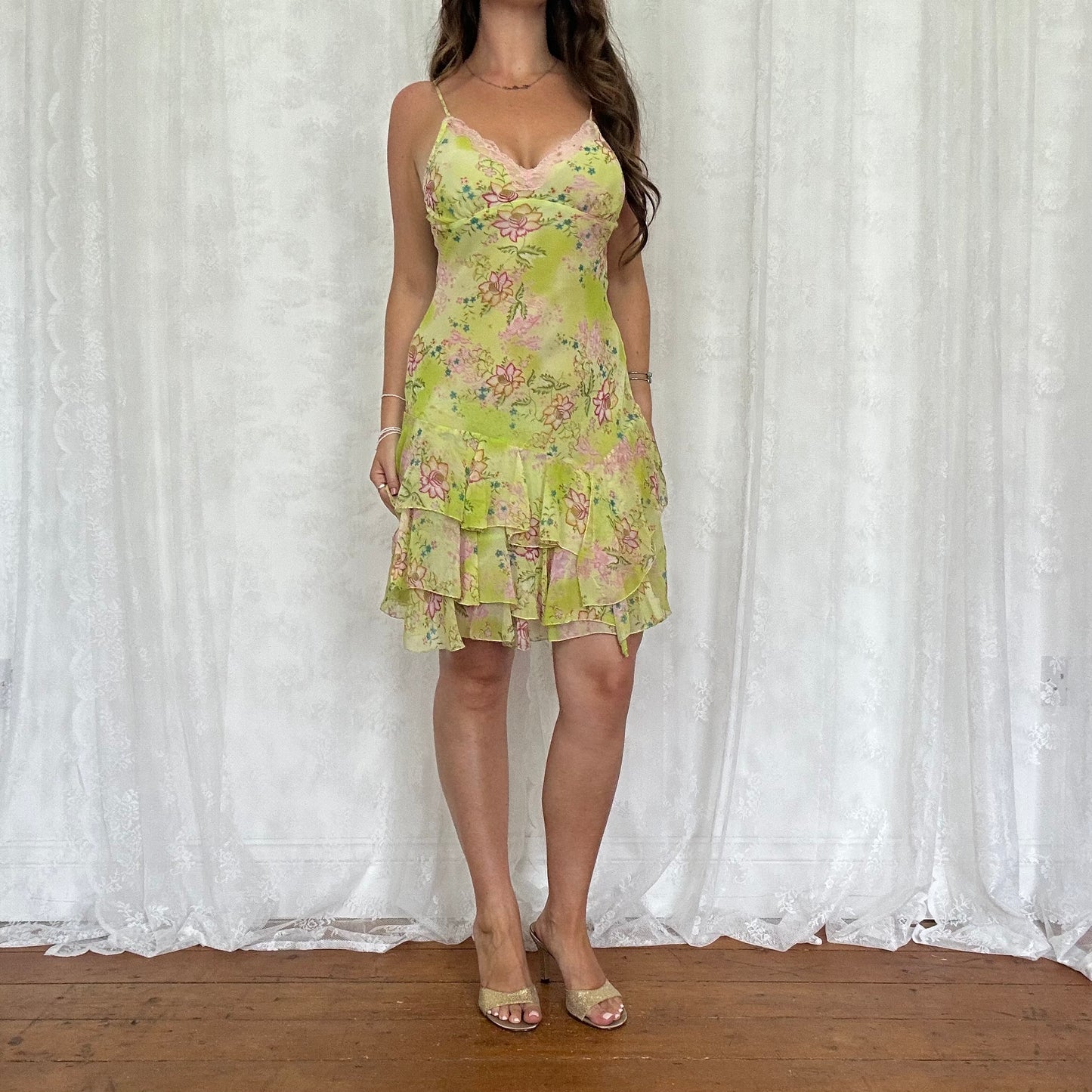 vintage 00s green floral mini dress
