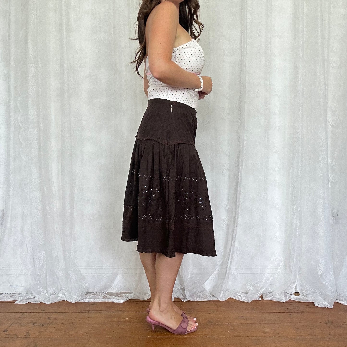 vintage 00s brown beaded tiered midi skirt