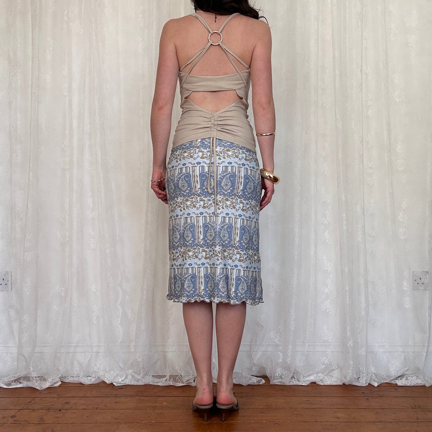 vintage 00s shimmery gold halter o ring top