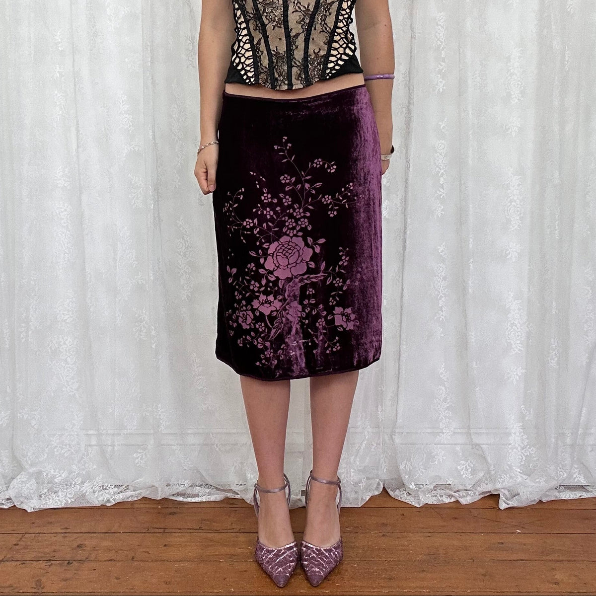 vintage 00s purple velvet floral midi skirt