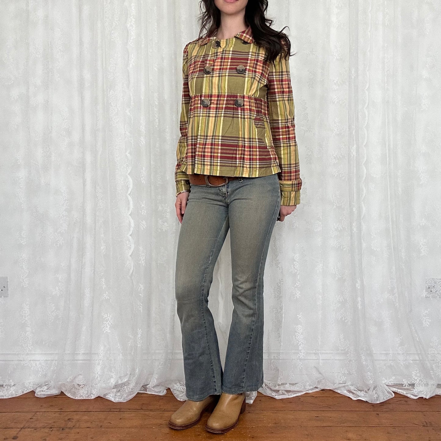 vintage 00s green checkered peacoat