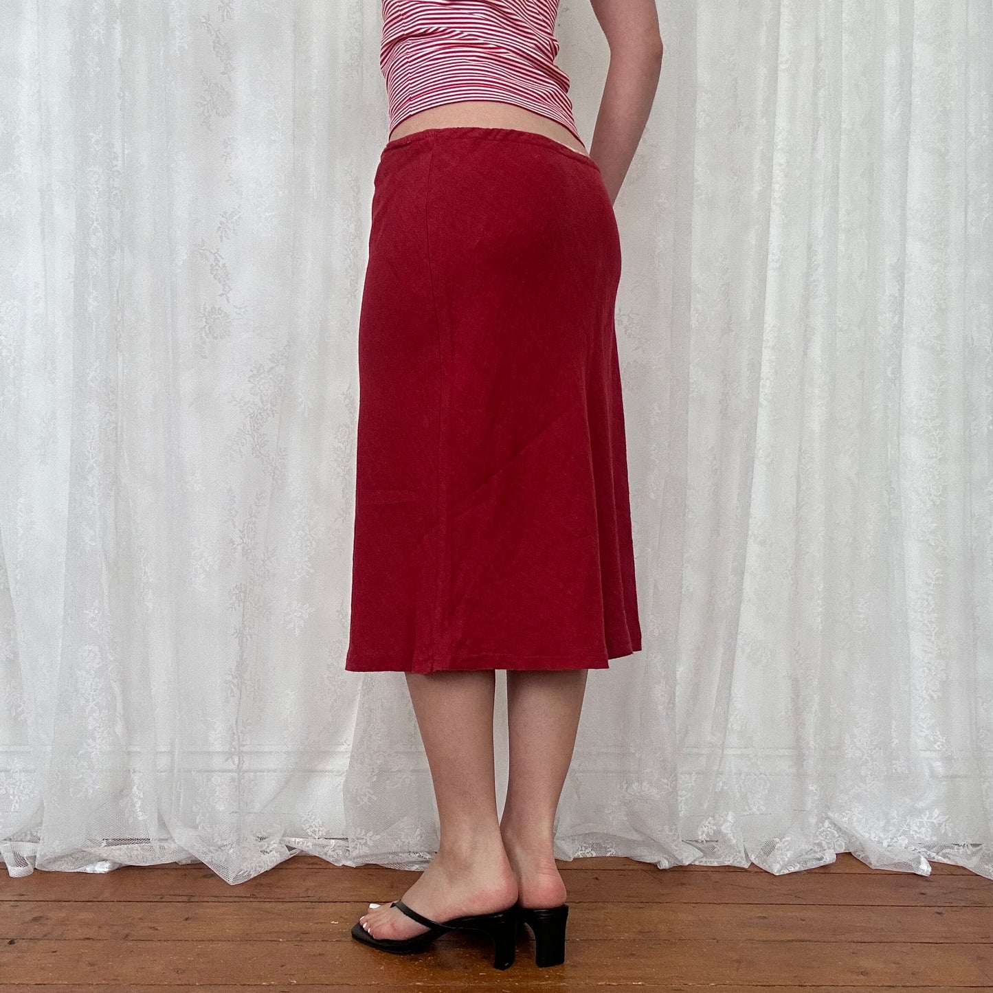 vintage 00s red linen drawstring waist midi skirt