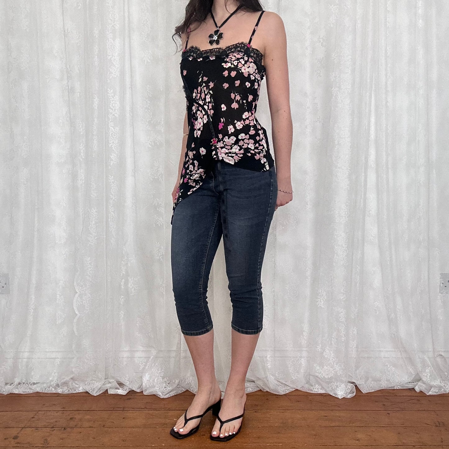 vintage 00s black floral asymmetrical cami