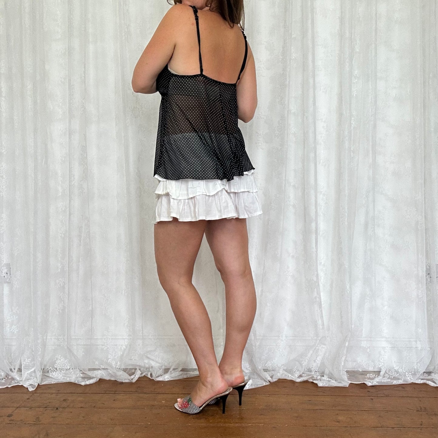 vintage 00s black polka dot mesh cami