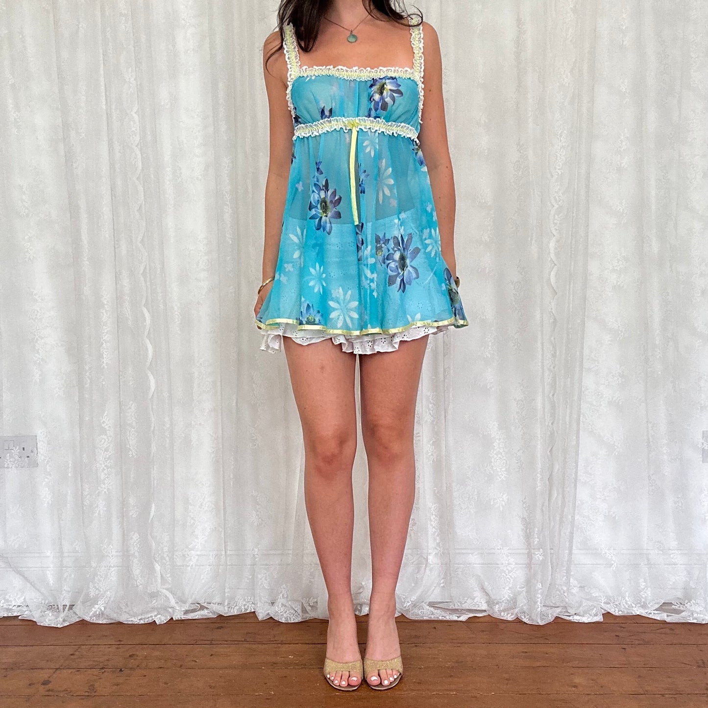 vintage 00s blue floral mesh babydoll mini dress