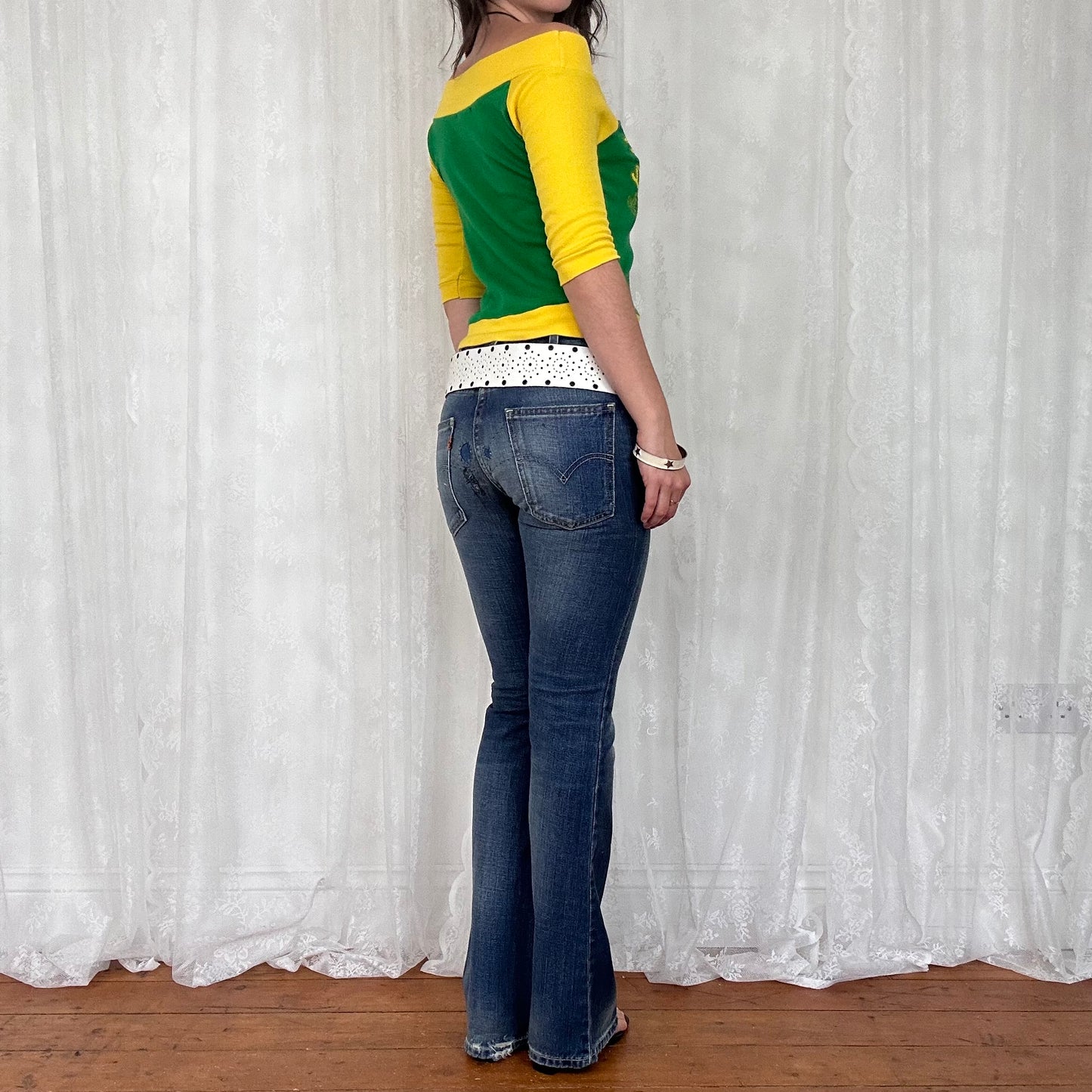 vintage 00s yellow and green sequin crop sleeve top