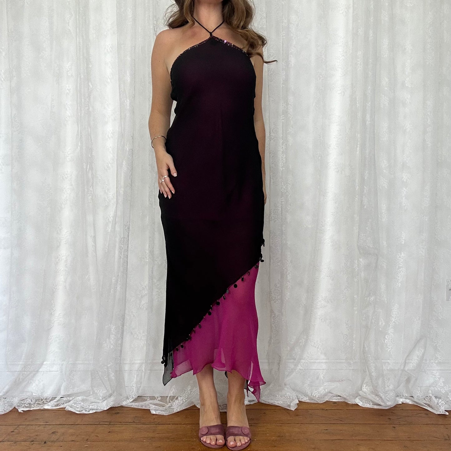 vintage 00s rene derhy pink and black sequin mesh midi dress