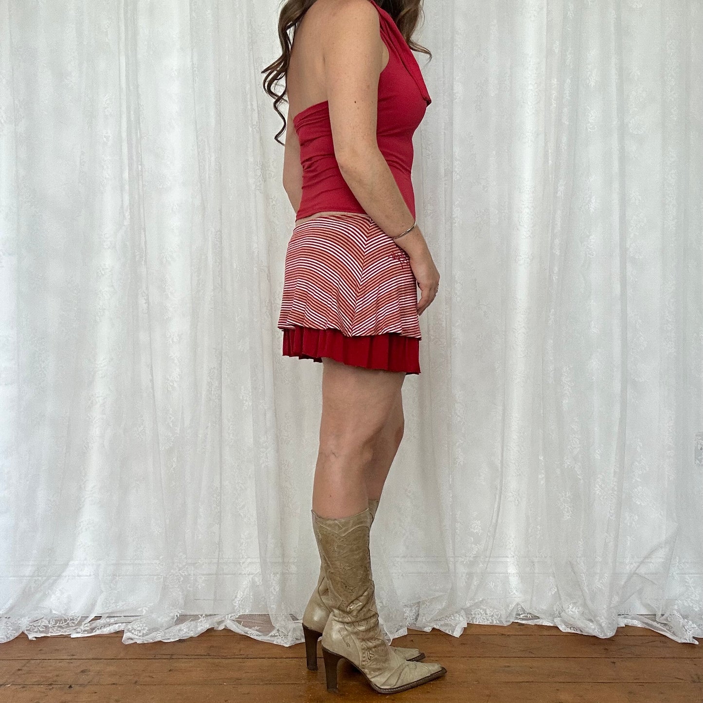 vintage 00s red and beige striped mini skirt