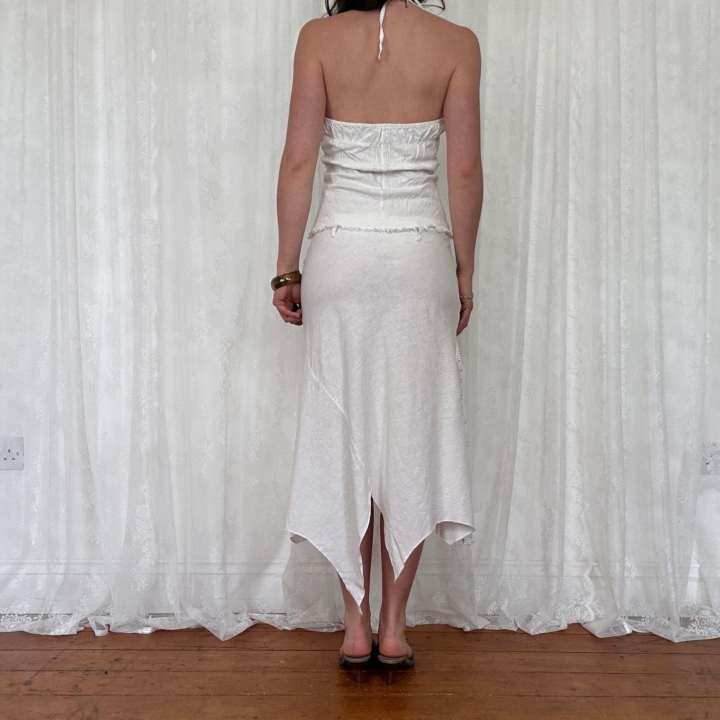 vintage 00s white crochet detail halter top and asymmetrical midi skirt co ord