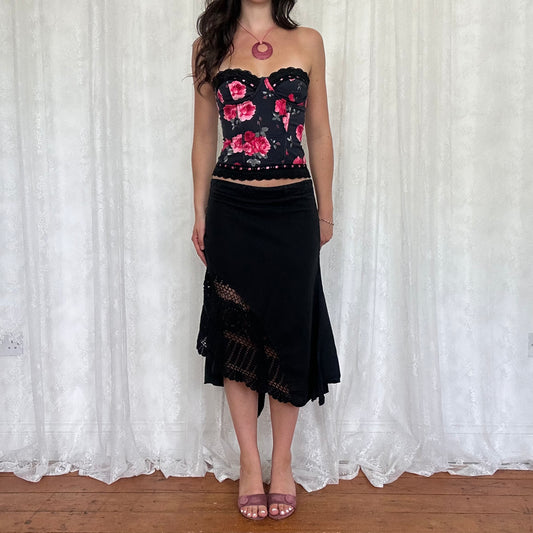 vintage 00s black rose print strapless corset top