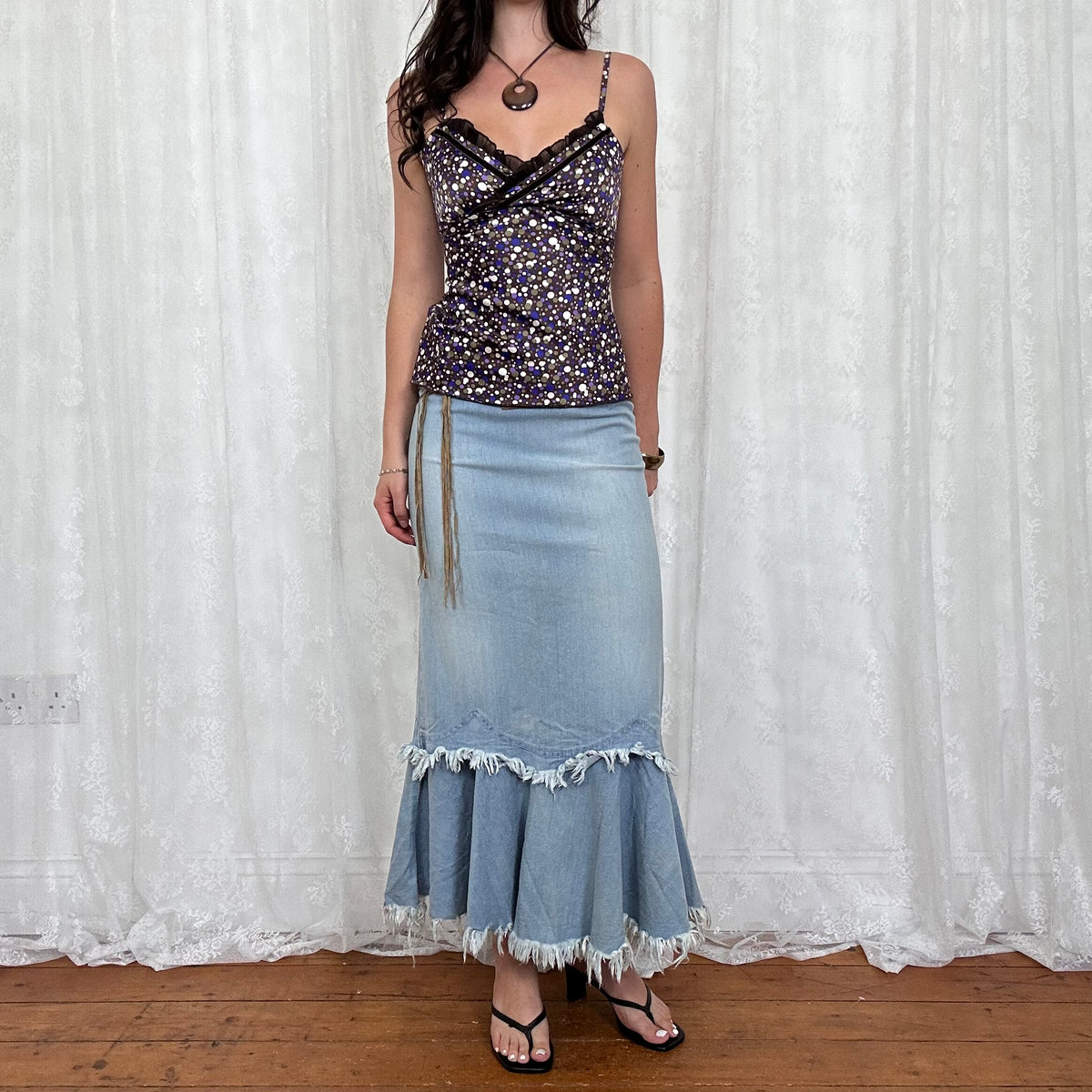 vintage 00s purple and brown polka dot satin cami