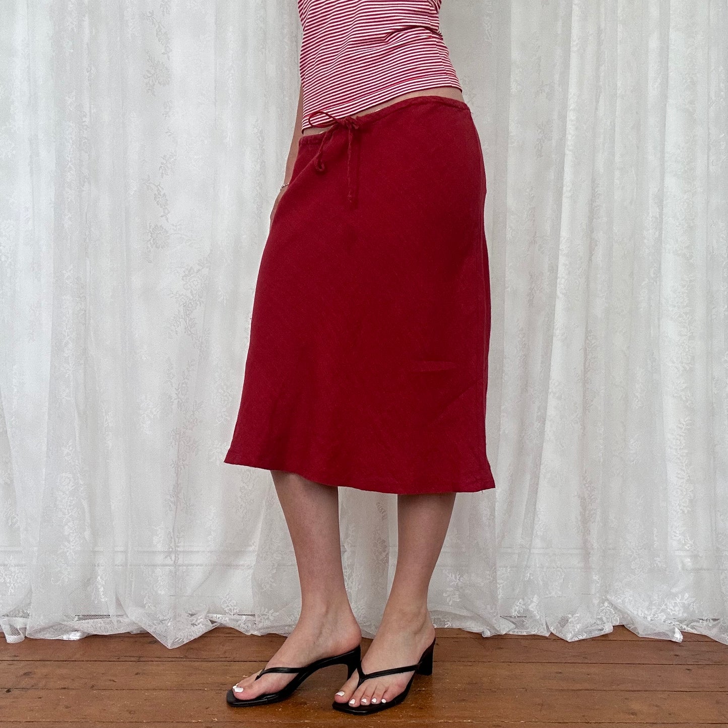 vintage 00s red linen drawstring waist midi skirt