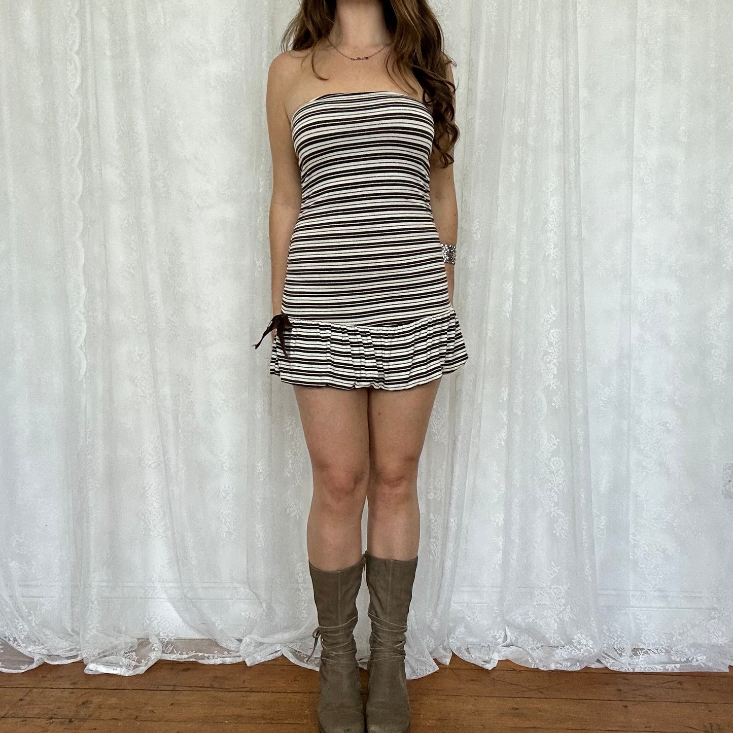 vintage 00s brown striped strapless mini dress