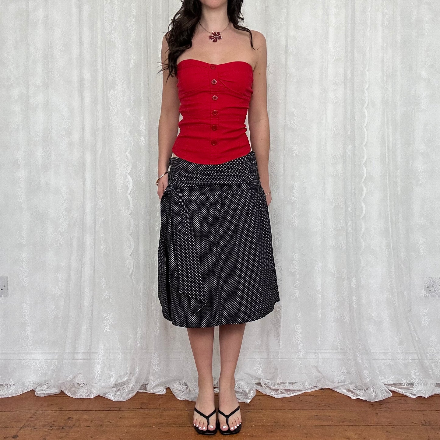 vintage 00s polka dot tie waist midi skirt
