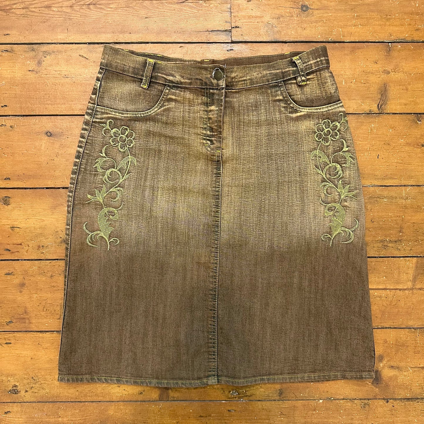 vintage 00s brown bleached denim midi skirt