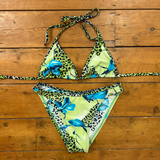 vintage 00s blue and green leopard print bikini set
