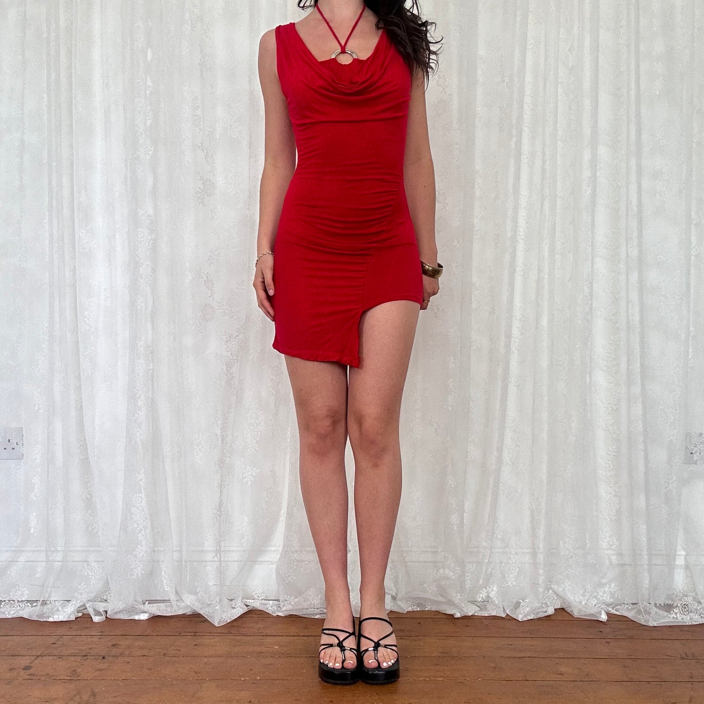 vintage 00s red o ring halterneck mini dress