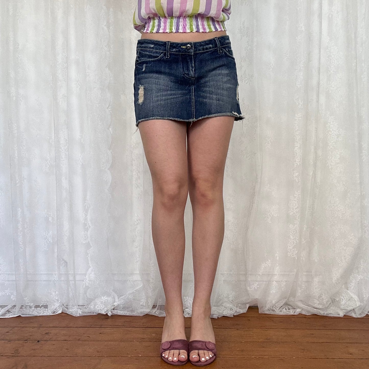 vintage 00s dark wash denim distressed mini skirt