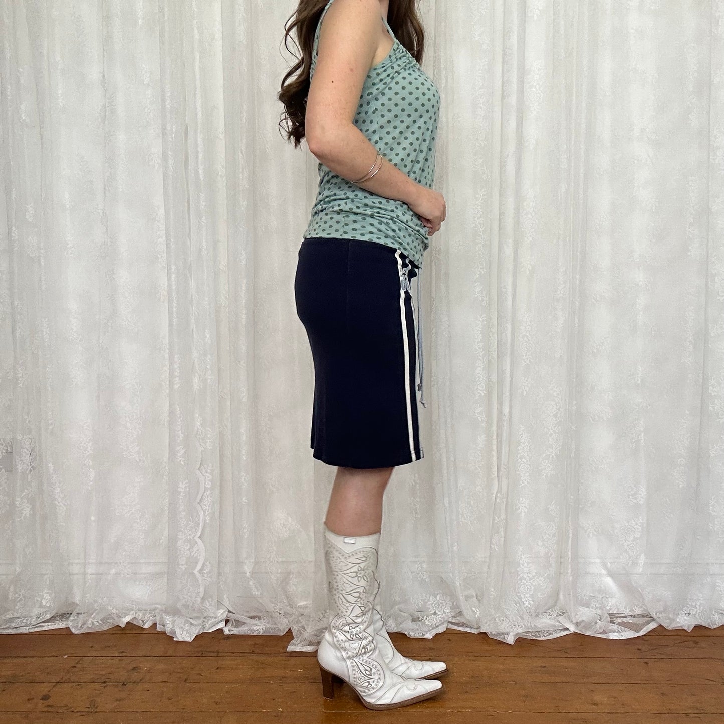 vintage 00s blue polka dot ruched cami top