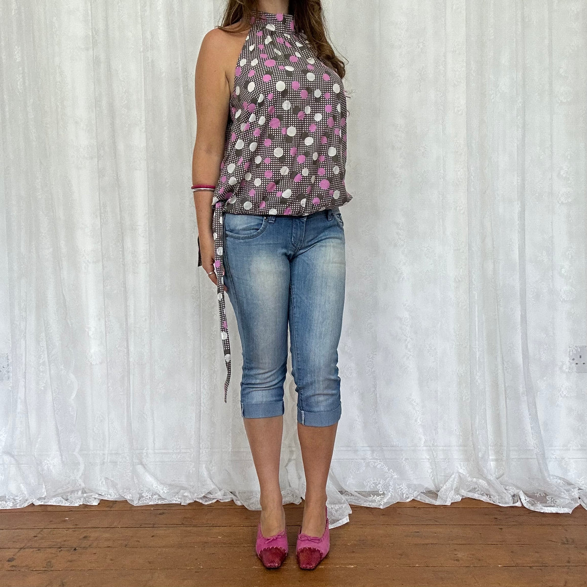 vintage 00s brown and pink polka dot top
