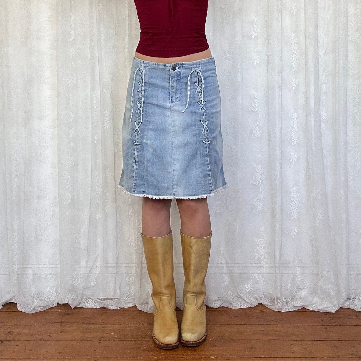 vintage 00s denim lace up midi skirt with slits