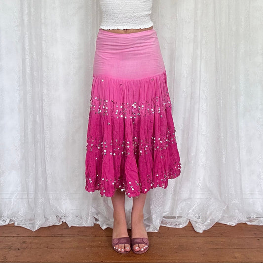 vintage 00s pink ombré sequin tiered midi skirt