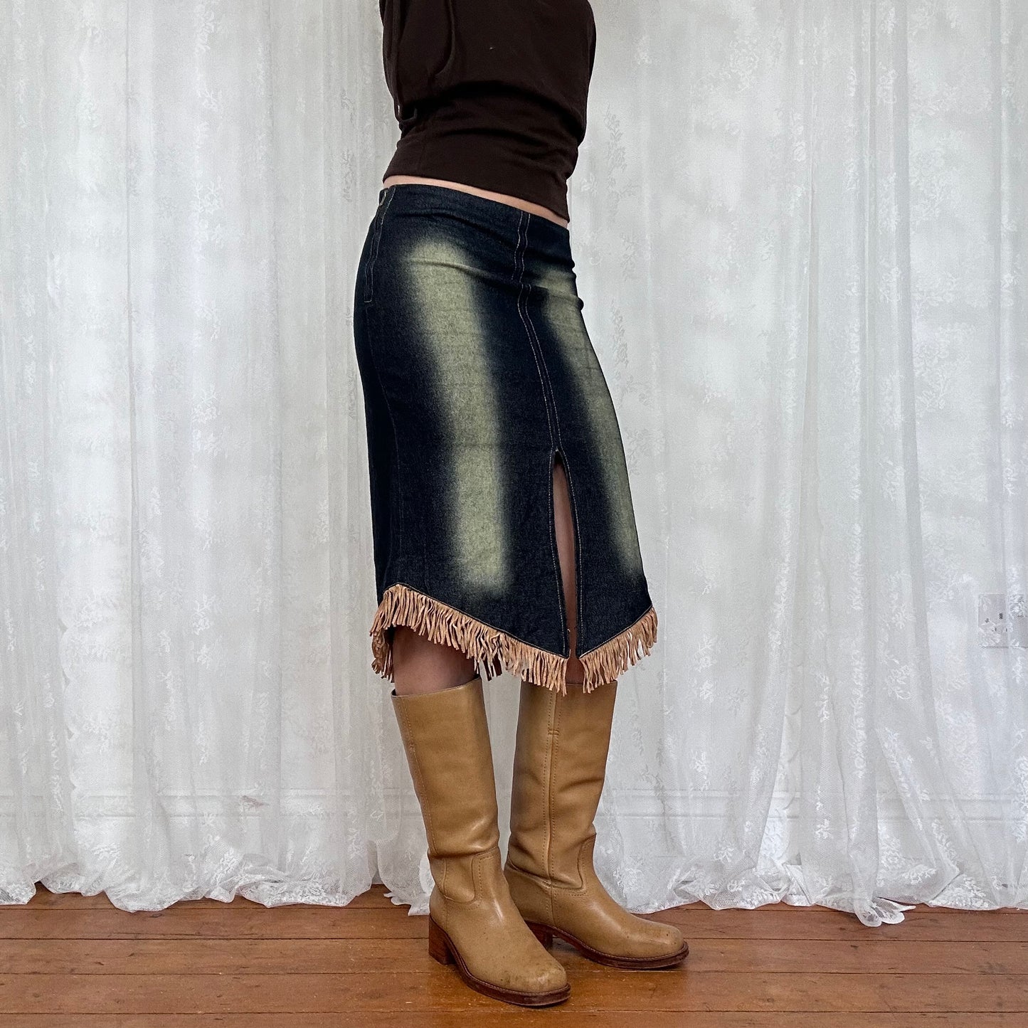 vintage 00s dark wash fringe midi skirt