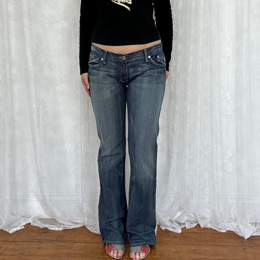 vintage 00s low rise mid wash diamanté detail denim jeans