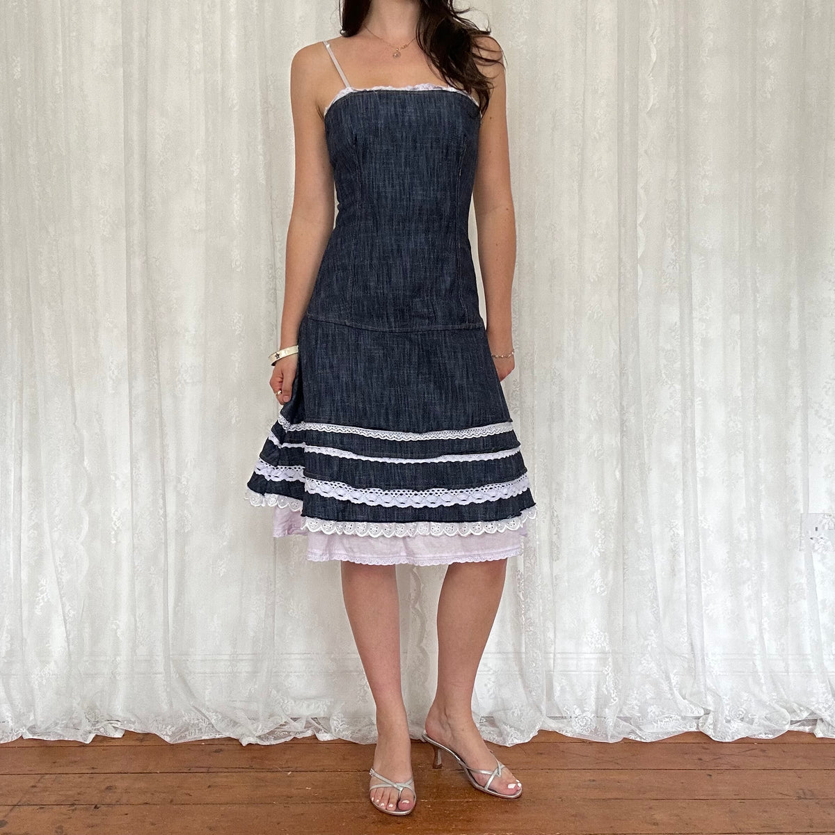 vintage 00s denim midi dress with broderie trim