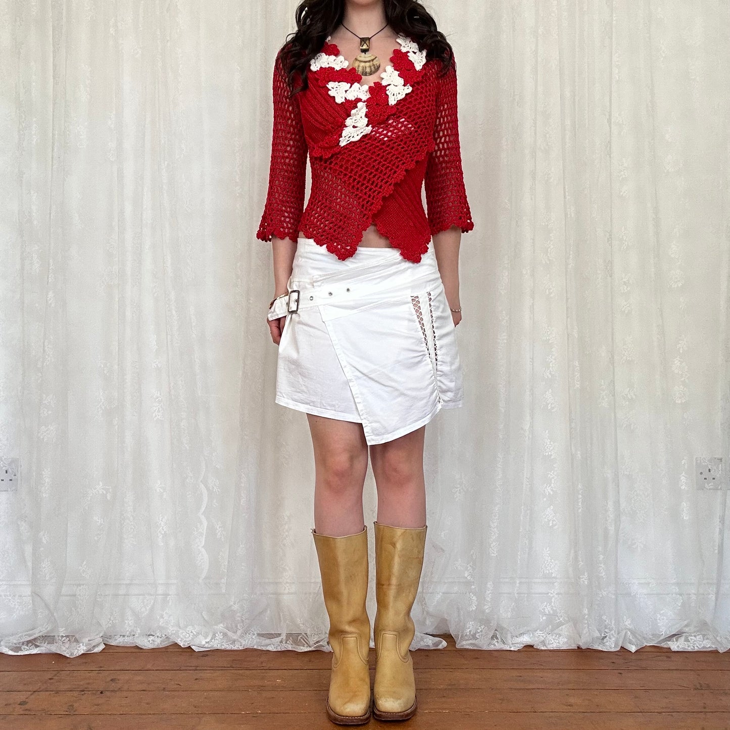 vintage 00s white buckle mini skirt