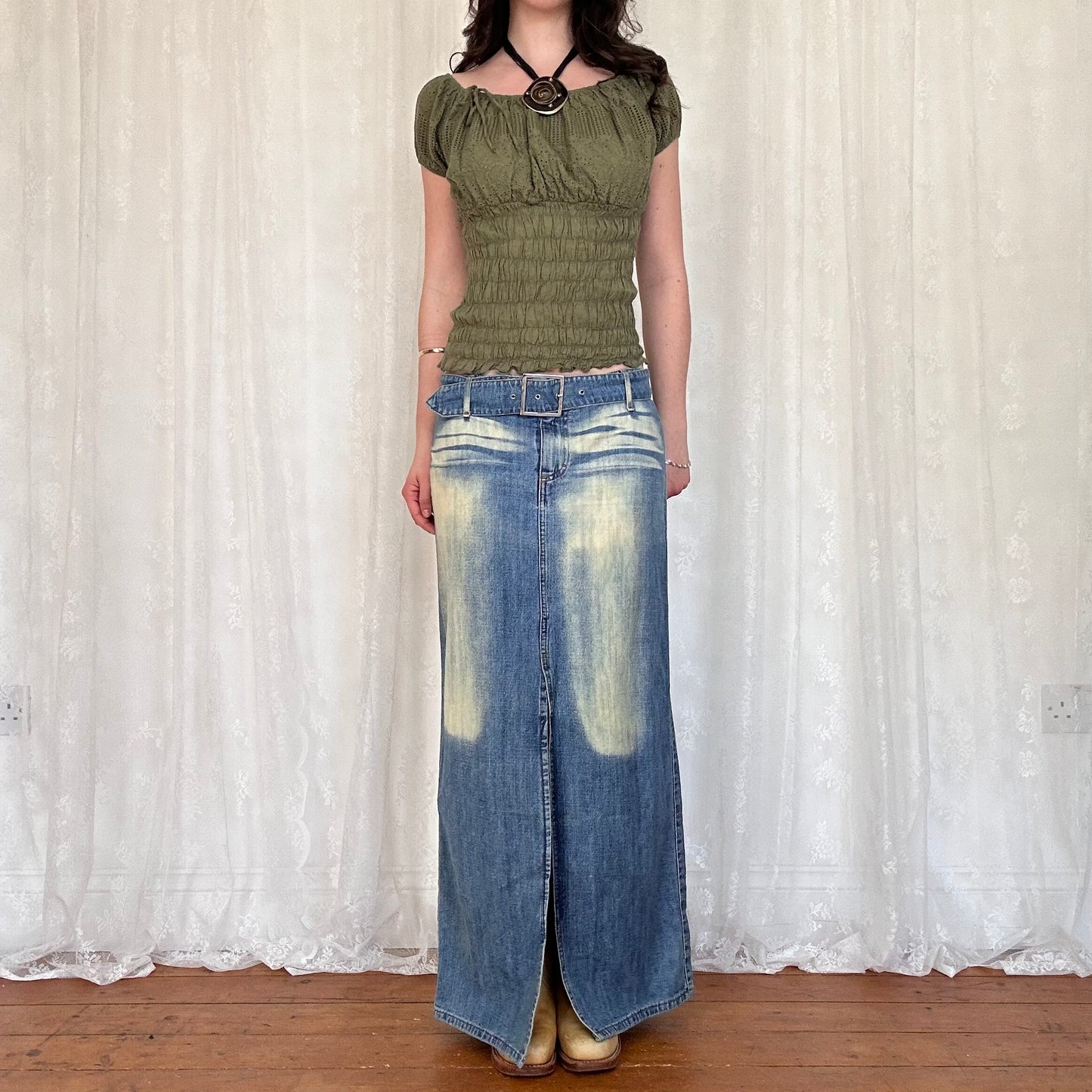 vintage 00s khaki shirred milkmaid top