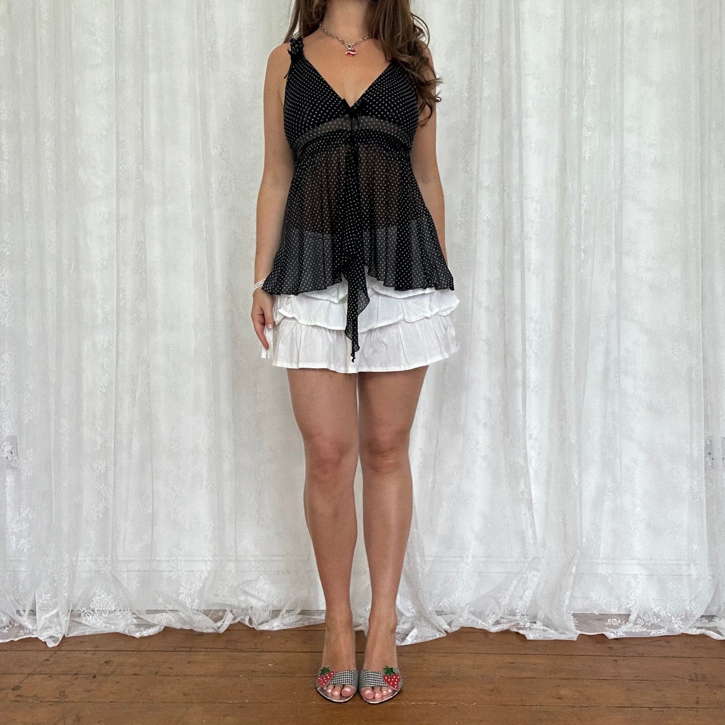 vintage 00s black polka dot mesh cami
