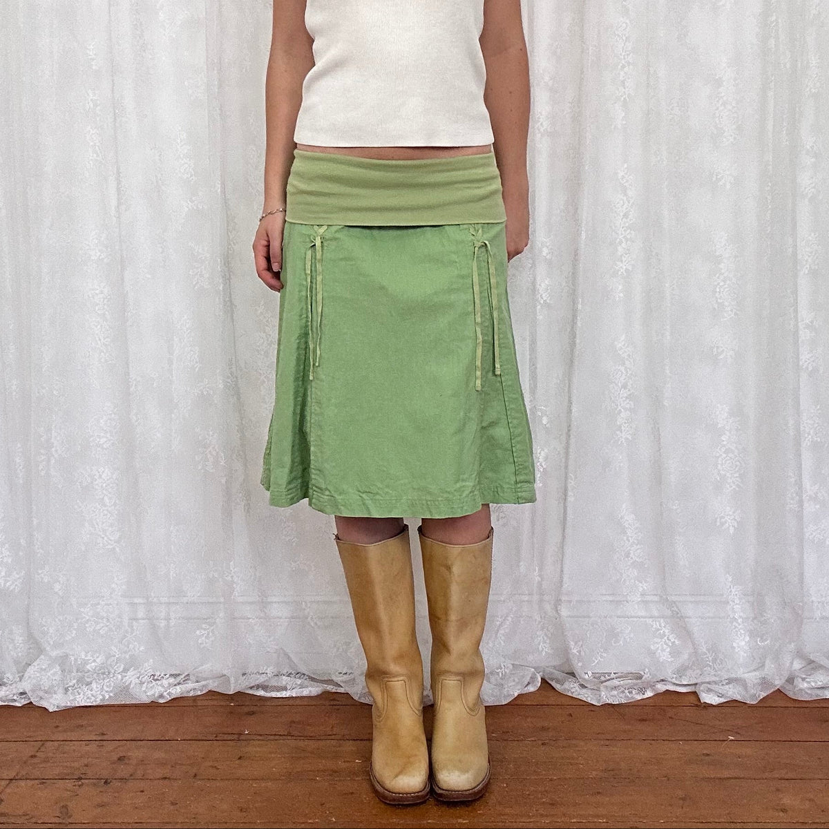 vintage 00s green fold over waistband midi skirt