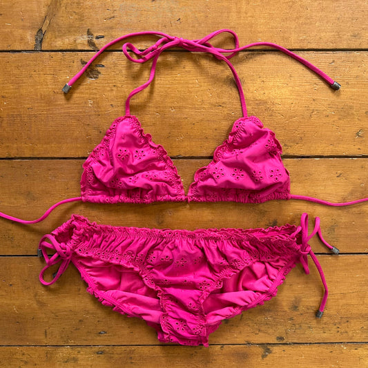 vintage 00s hot pink brooderie ruched bikini set